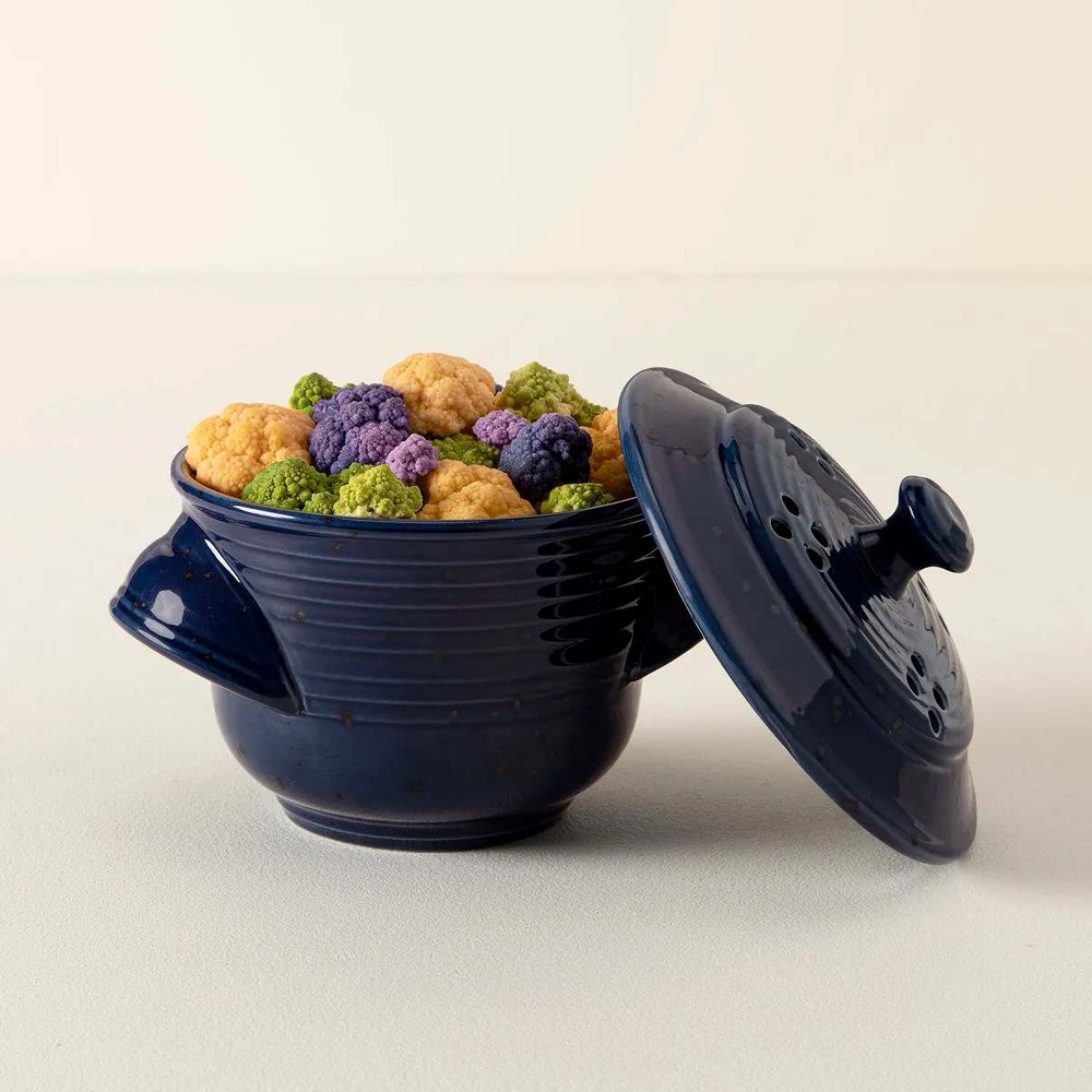 Portugal Vegetable steamer Navy Blue Excellent Ribbed Ceramic Vented Lid